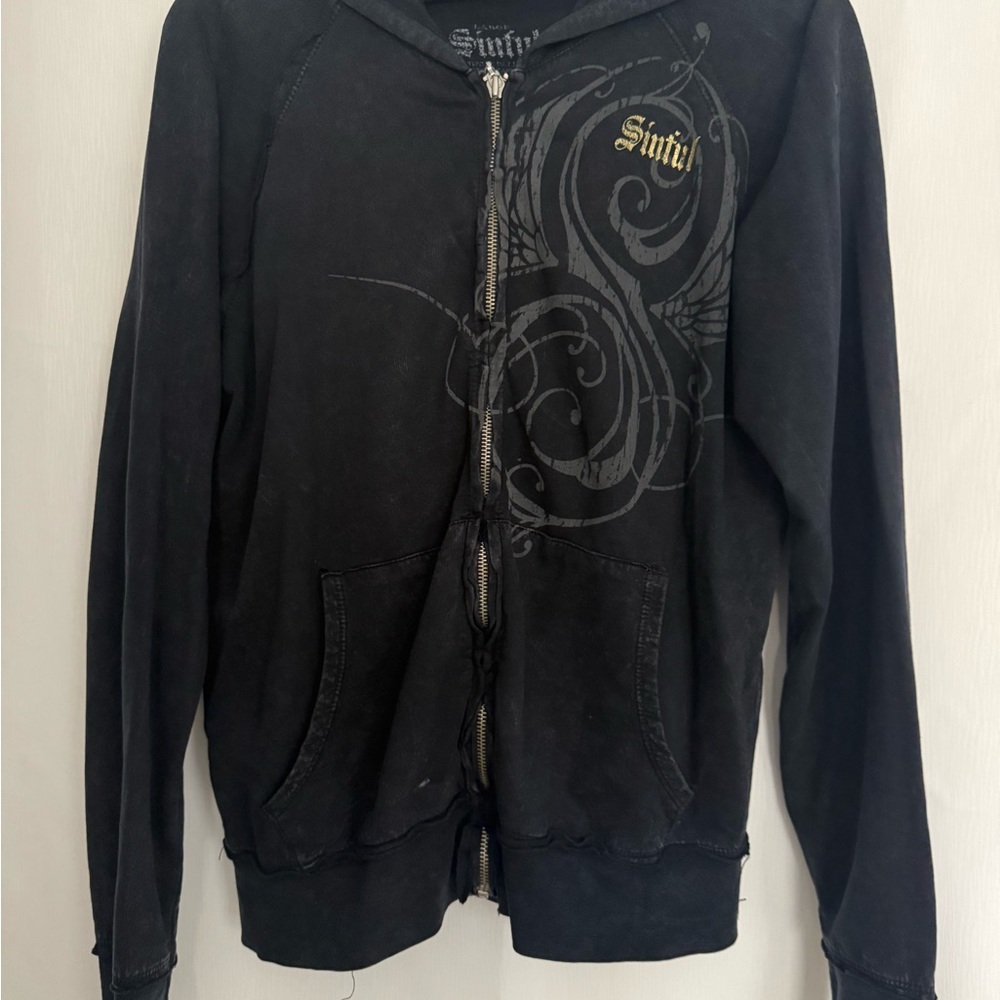 Black Zip-Up Hoodie with Graphic Design